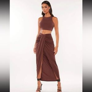 NWT SHEIN Tall Solid Tank Top & Ruched Split Thigh Skirt Coffee Brown XS tall